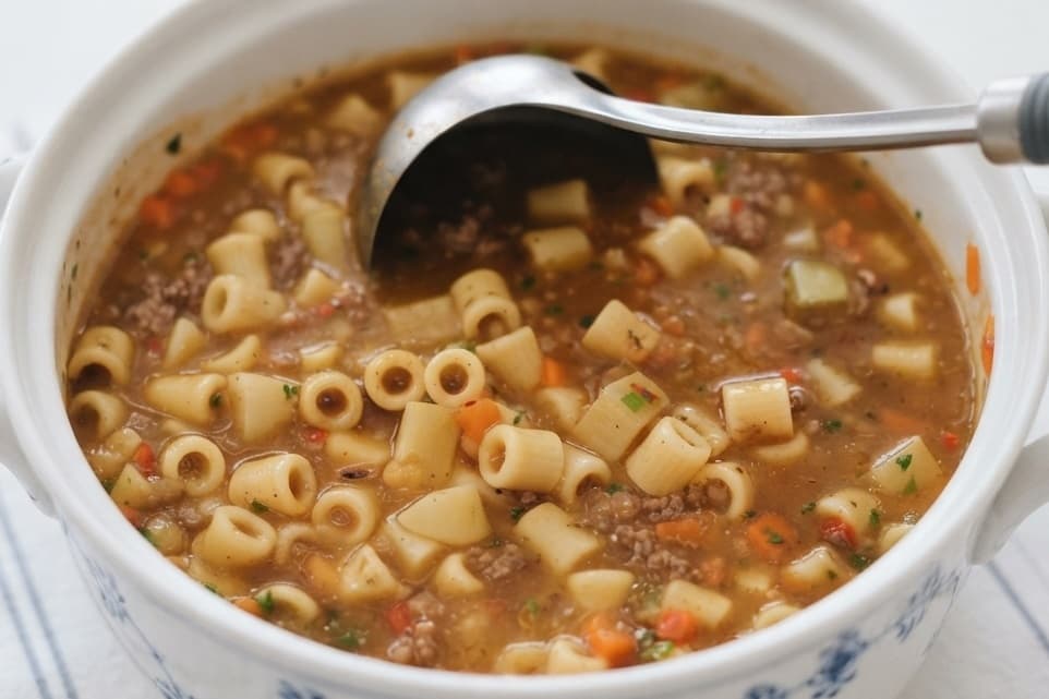 Sopa de macarrão com carne moída e legumes