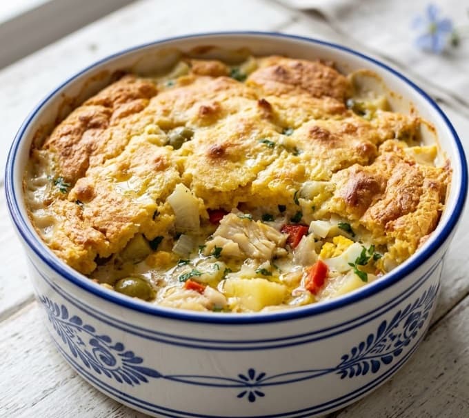 Suflê de bacalhau com batata e azeitona